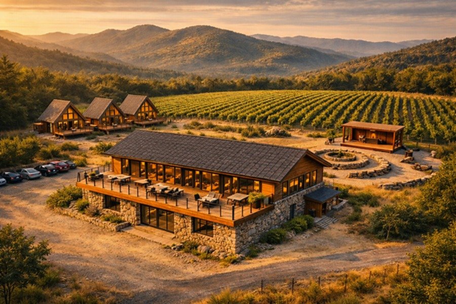 Aerial concept rendering of the estate at golden hour — Adega, A-frames, fire pit, and vineyard
