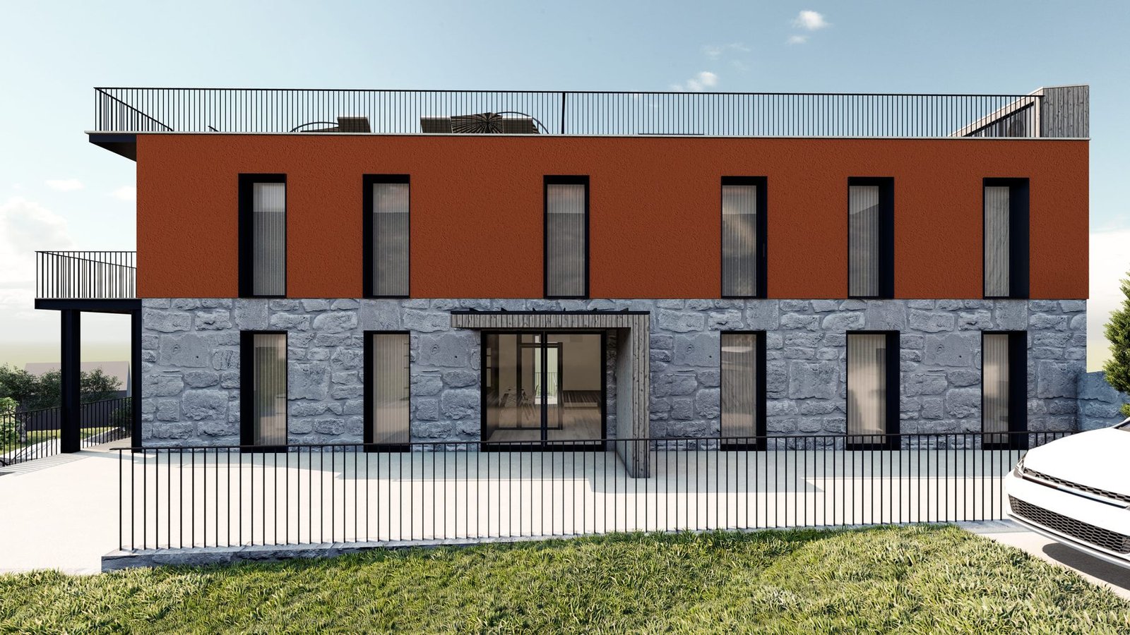 Concept rendering of the stone-and-render facade