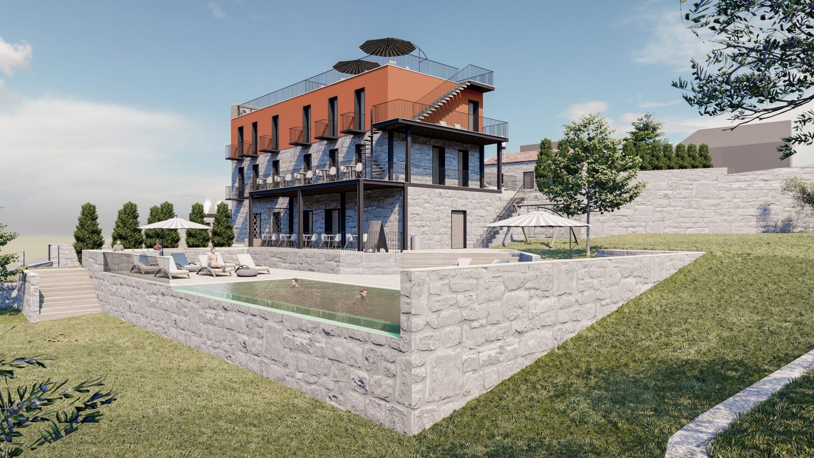 Concept rendering of Quinta do Bispo, terraced pool and mountain view