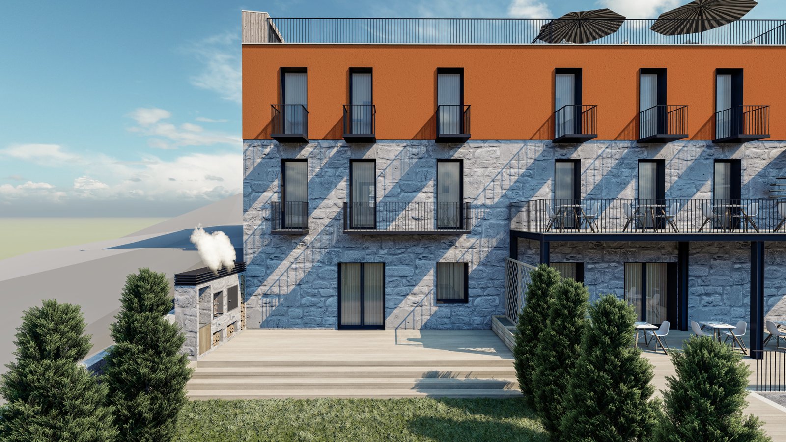 Concept rendering of the finished exterior, with rooftop terrace and dining deck