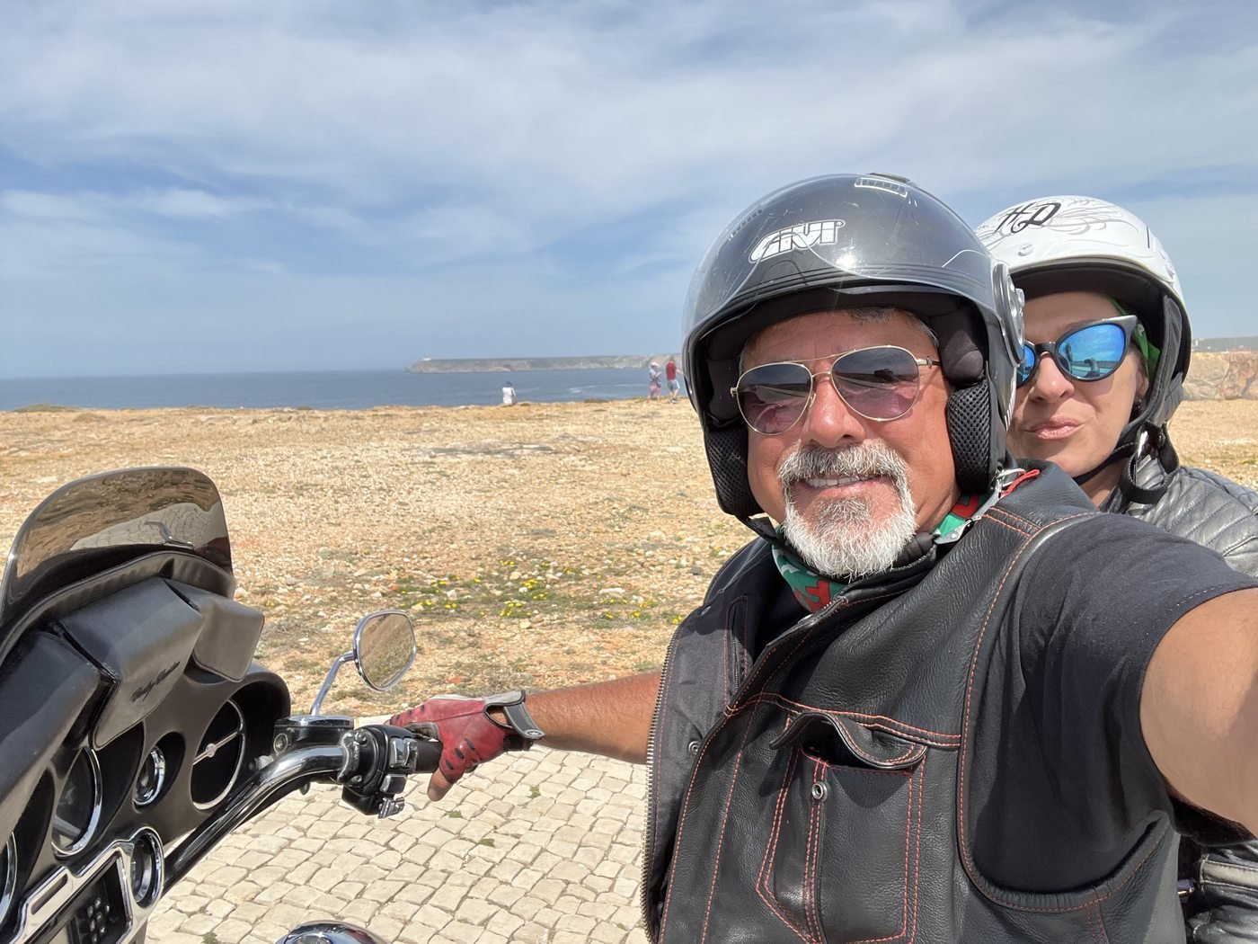 The founder and his partner on a motorcycle trip along the Portuguese coast